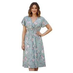 ANNA MORGAN Floral Print V Neck Flutter Sleeve Smocked Waist Midi Dress 1X